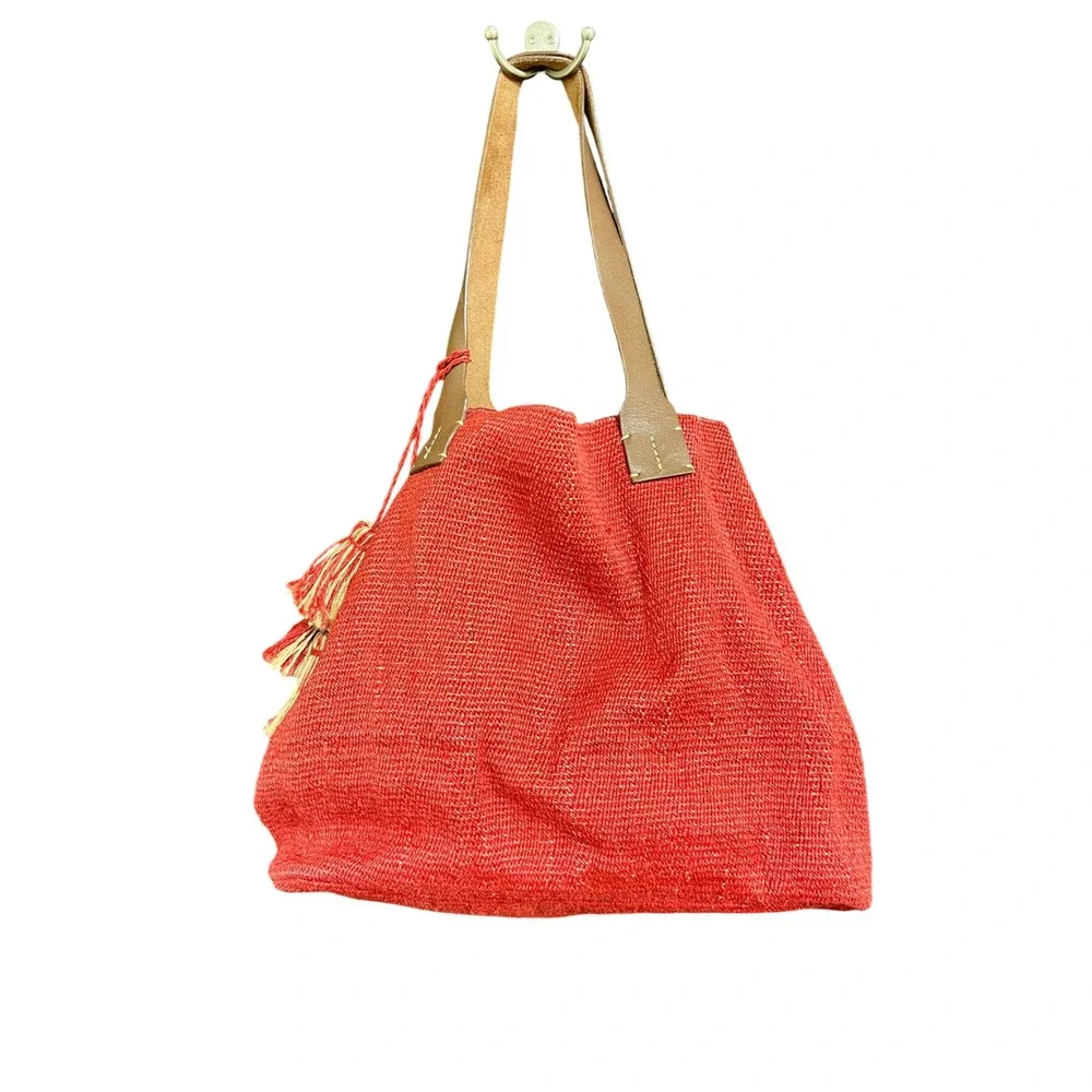 J JILL Jute Woven Leather Tote Bag Red Straw Tassel Boho Beach Summer Vacation